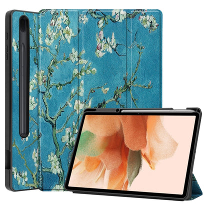 For Samsung Galaxy Tab S7 Lite T730 / T735 / Tab S7 FE T736 Custer Painted TPU Smart Tablet Leather Case with Sleep / Wake-up Function & 3-Fold Holder & Pen Slot(Apricot Blossom) by bashfashion