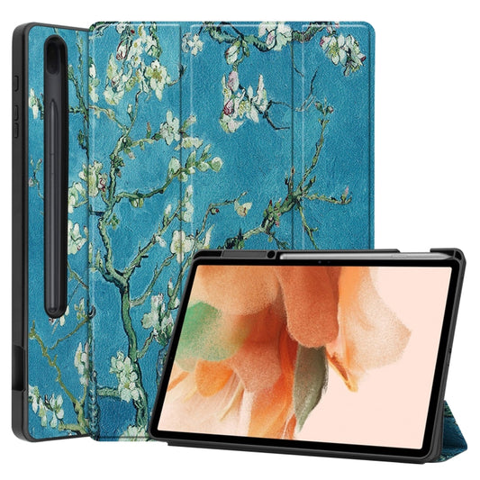 For Samsung Galaxy Tab S7 Lite T730 / T735 / Tab S7 FE T736 Custer Painted TPU Smart Tablet Leather Case with Sleep / Wake-up Function & 3-Fold Holder & Pen Slot(Apricot Blossom) by bashfashion