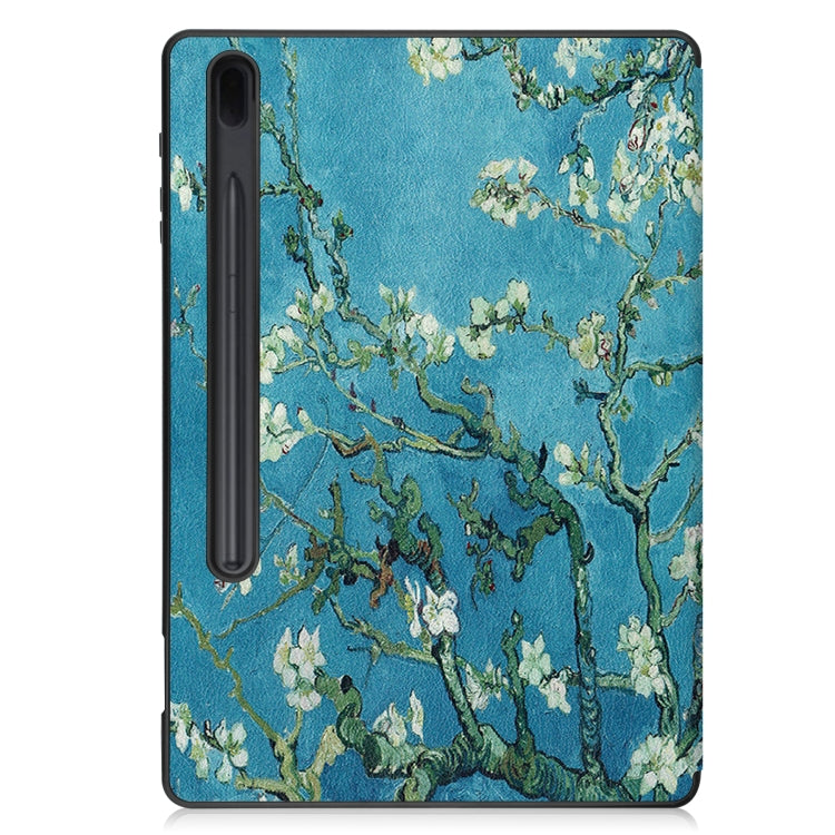 For Samsung Galaxy Tab S7 Lite T730 / T735 / Tab S7 FE T736 Custer Painted TPU Smart Tablet Leather Case with Sleep / Wake-up Function & 3-Fold Holder & Pen Slot(Apricot Blossom) by bashfashion