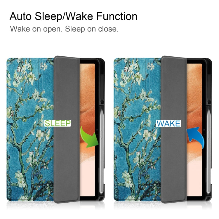 For Samsung Galaxy Tab S7 Lite T730 / T735 / Tab S7 FE T736 Custer Painted TPU Smart Tablet Leather Case with Sleep / Wake-up Function & 3-Fold Holder & Pen Slot(Apricot Blossom) by bashfashion