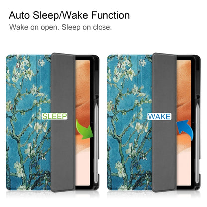 For Samsung Galaxy Tab S7 Lite T730 / T735 / Tab S7 FE T736 Custer Painted TPU Smart Tablet Leather Case with Sleep / Wake-up Function & 3-Fold Holder & Pen Slot(Apricot Blossom) by bashfashion