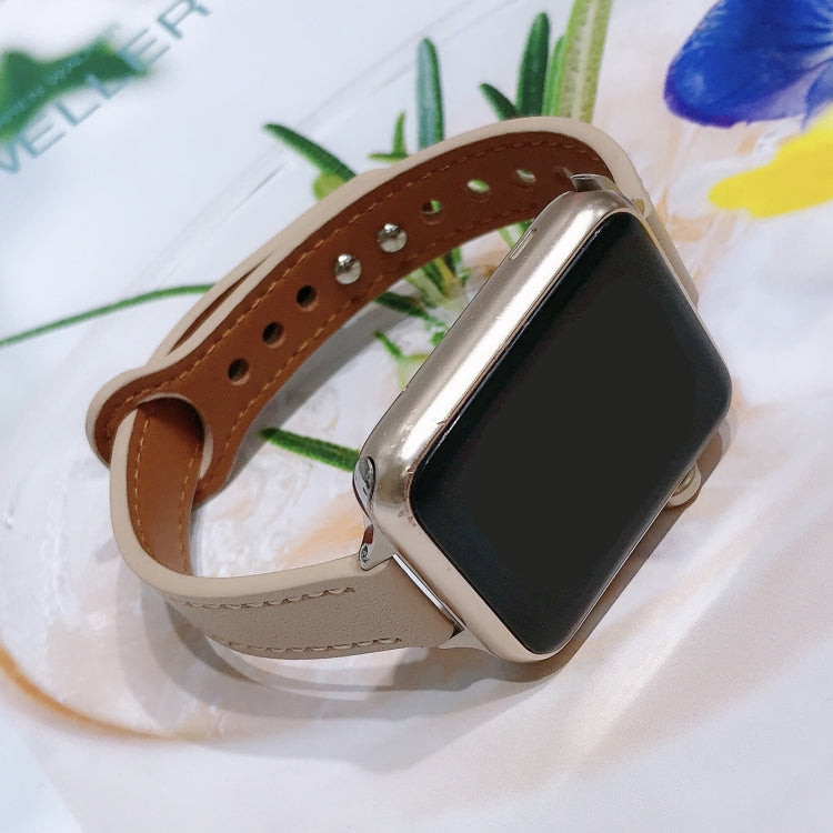 Double Nail Leather Watch Band For Apple Watch Series 9&8&7 41mm / SE 3&SE 2&6&SE&5&4 40mm / 3&2&1 38mm(Apricot) by bashfashion