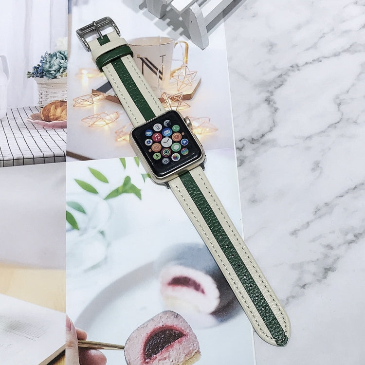 Two-color Stitching Lychee Texture Leather Watch Band For Apple Watch Series 9&8&7 41mm / SE 3&SE 2&6&SE&5&4 40mm / 3&2&1 38mm(White Green) by bashfashion