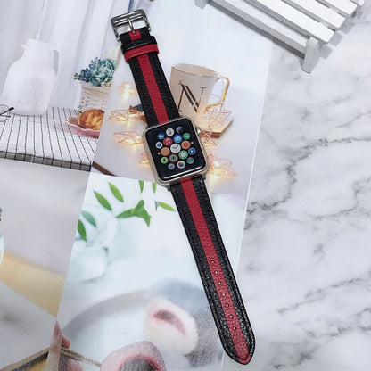 Two-color Stitching Lychee Texture Leather Watch Band For Apple Watch Ultra 49mm&Watch Ultra 2 49mm / Series 9&8&7 45mm / SE 3&SE 2&6&SE&5&4 44mm / 3&2&1 42mm(Black Red) by bashfashion