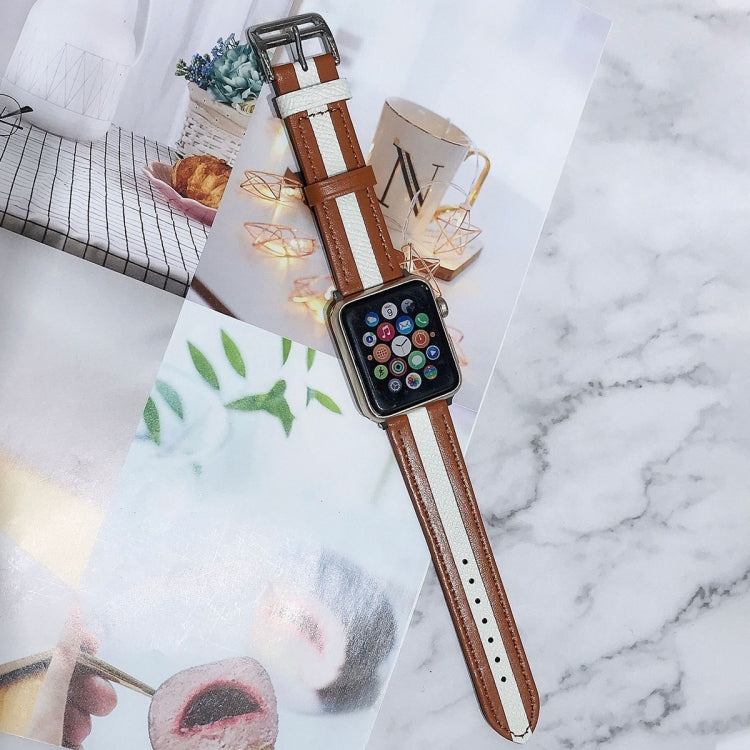 Two-color Stitching Lychee Texture Leather Watch Band For Apple Watch Ultra 49mm&Watch Ultra 2 49mm / Series 9&8&7 45mm / SE 3&SE 2&6&SE&5&4 44mm / 3&2&1 42mm(Brown White) by bashfashion
