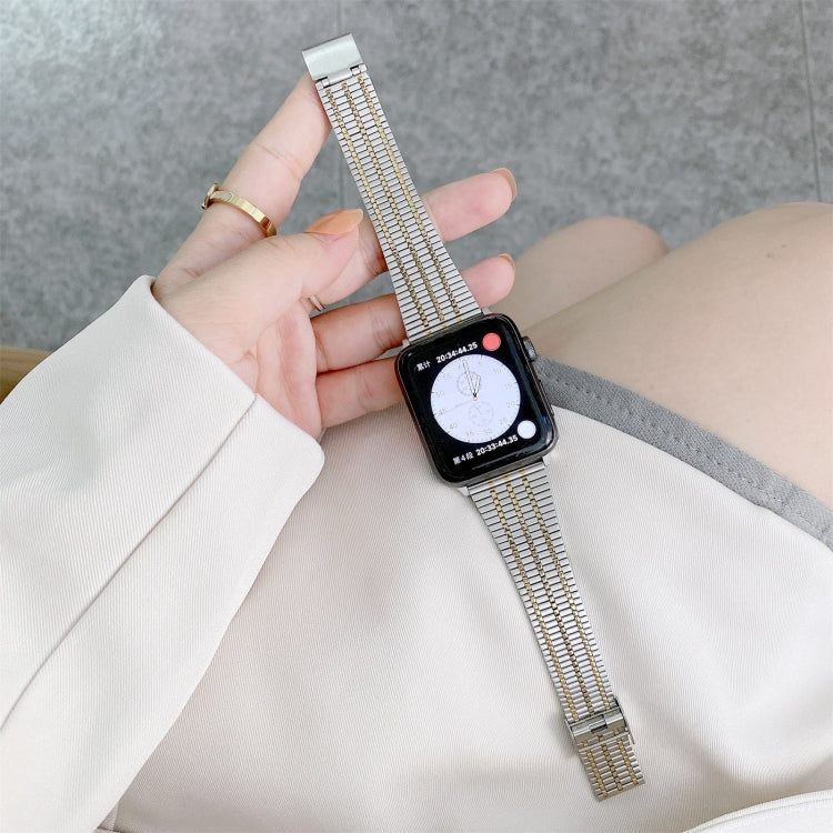 Color Matching Seven Beads Steel Watch Band For Apple Watch Ultra 49mm&Watch Ultra 2 49mm / Series 9&8&7 45mm / SE 3&SE 2&6&SE&5&4 44mm / 3&2&1 42mm(Silver Gold) by bashfashion