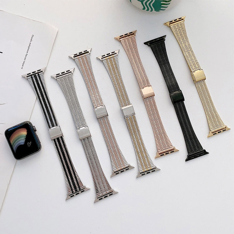 Three Lines Steel Watch Band For Apple Watch Ultra 49mm&Watch Ultra 2 49mm / Series 9&8&7 45mm / SE 3&SE 2&6&SE&5&4 44mm / 3&2&1 42mm(Silver Rose Gold) by bashfashion