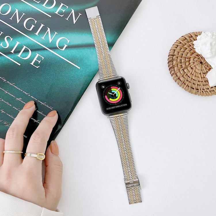 Double Lines Steel Watch Band For Apple Watch Series 9&8&7 41mm / SE 3&SE 2&6&SE&5&4 40mm / 3&2&1 38mm(Silver Gold) by bashfashion