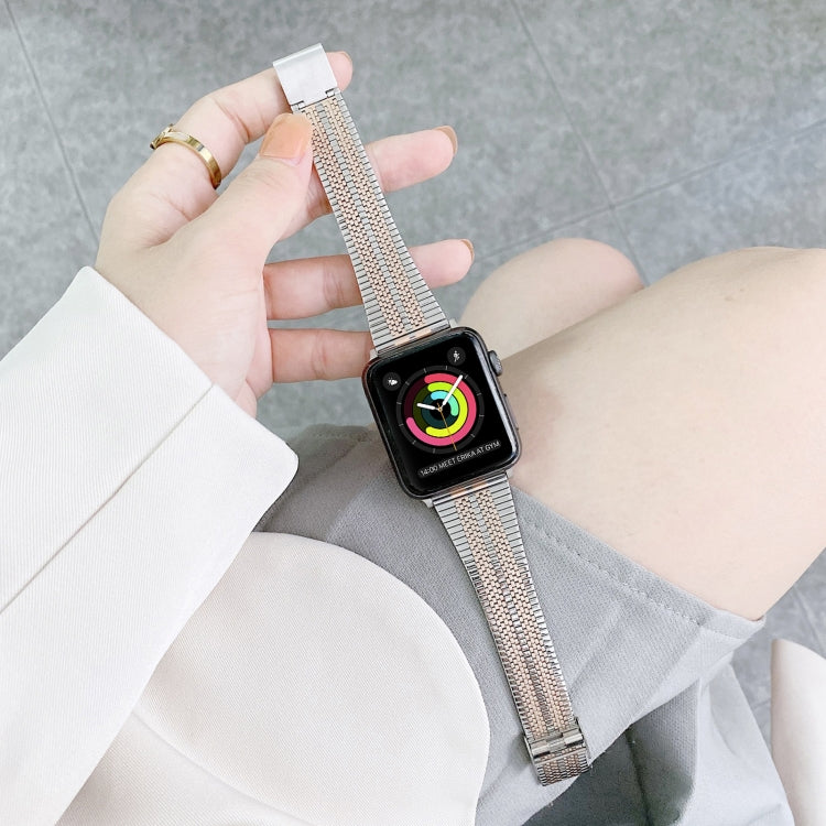 Double Lines Steel Watch Band For Apple Watch Ultra 49mm&Watch Ultra 2 49mm / Series 9&8&7 45mm / SE 3&SE 2&6&SE&5&4 44mm / 3&2&1 42mm(Silver Rose Gold) by bashfashion