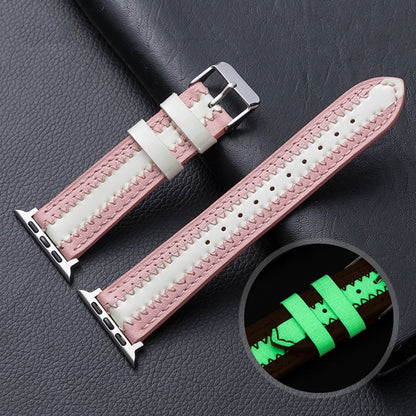 Cowhide Leather Luminous Watch Band For Apple Watch Ultra 49mm&Watch Ultra 2 49mm / Series 9&8&7 45mm / SE 3&SE 2&6&SE&5&4 44mm / 3&2&1 42mm(Pink) by bashfashion