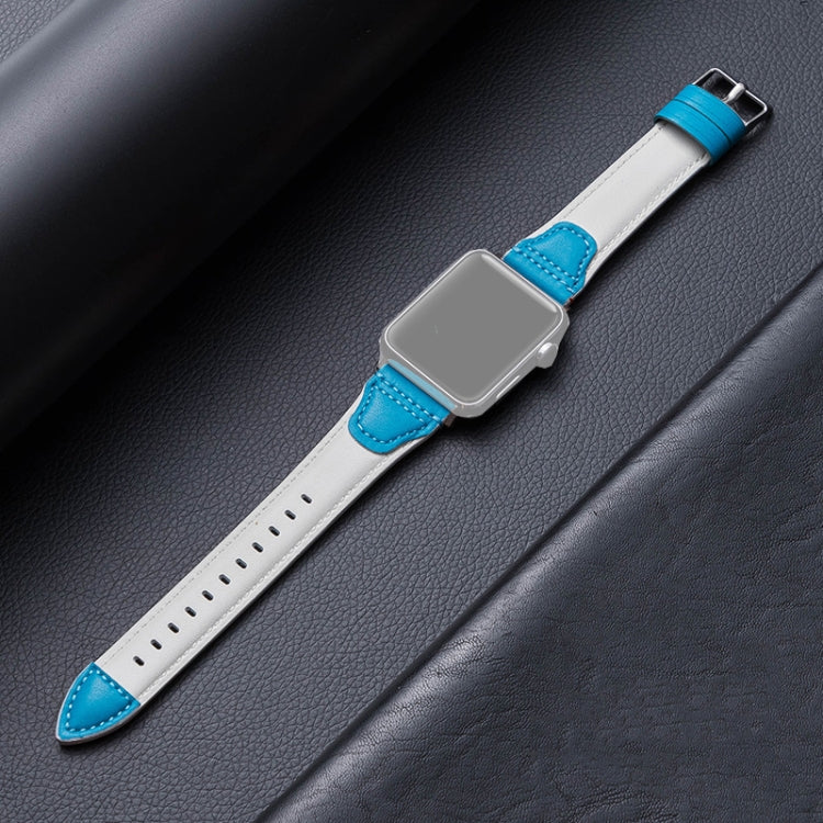Splicing Cowhide Leather Watch Band For Apple Watch Series 9&8&7 41mm / SE 3&SE 2&6&SE&5&4 40mm / 3&2&1 38mm(White Blue) by bashfashion