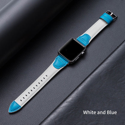 Splicing Cowhide Leather Watch Band For Apple Watch Series 9&8&7 41mm / SE 3&SE 2&6&SE&5&4 40mm / 3&2&1 38mm(White Blue) by bashfashion