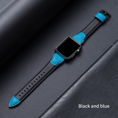 Splicing Cowhide Leather Watch Band For Apple Watch Series 9&8&7 41mm / SE 3&SE 2&6&SE&5&4 40mm / 3&2&1 38mm(Black Blue) by bashfashion