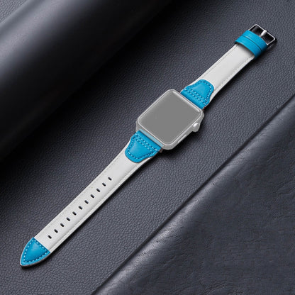 Splicing Cowhide Leather Watch Band For Apple Watch Ultra 49mm&Watch Ultra 2 49mm / Series 9&8&7 45mm / SE 3&SE 2&6&SE&5&4 44mm / 3&2&1 42mm(White Blue) by bashfashion