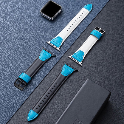 Splicing Cowhide Leather Watch Band For Apple Watch Ultra 49mm&Watch Ultra 2 49mm / Series 9&8&7 45mm / SE 3&SE 2&6&SE&5&4 44mm / 3&2&1 42mm(White Blue) by bashfashion
