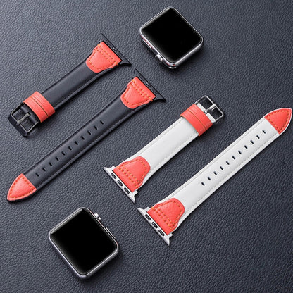 Splicing Cowhide Leather Watch Band For Apple Watch Ultra 49mm&Watch Ultra 2 49mm / Series 9&8&7 45mm / SE 3&SE 2&6&SE&5&4 44mm / 3&2&1 42mm(Black Red) by bashfashion