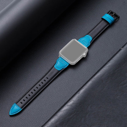 Splicing Cowhide Leather Watch Band For Apple Watch Ultra 49mm&Watch Ultra 2 49mm / Series 9&8&7 45mm / SE 3&SE 2&6&SE&5&4 44mm / 3&2&1 42mm(Black Blue) by bashfashion