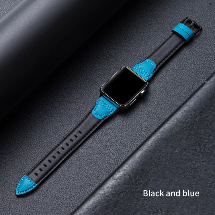 Splicing Cowhide Leather Watch Band For Apple Watch Ultra 49mm&Watch Ultra 2 49mm / Series 9&8&7 45mm / SE 3&SE 2&6&SE&5&4 44mm / 3&2&1 42mm(Black Blue) by bashfashion
