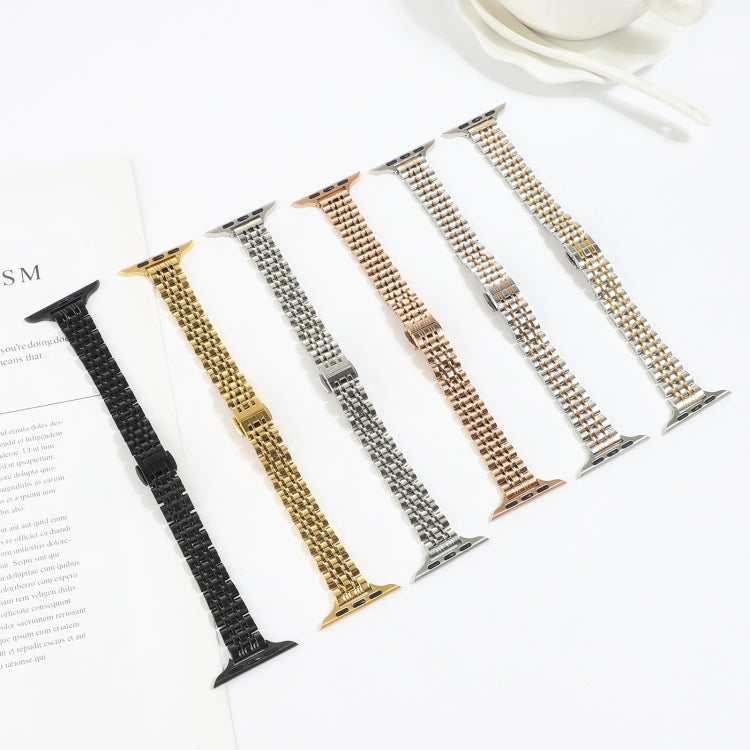 Small Waist Seven Beads Stainless Steel Strap Watch Band For Apple Watch Series 7 45mm / 6 & SE & 5 & 4 44mm / 3 & 2 & 1 42mm(Between Gold) by bashfashion