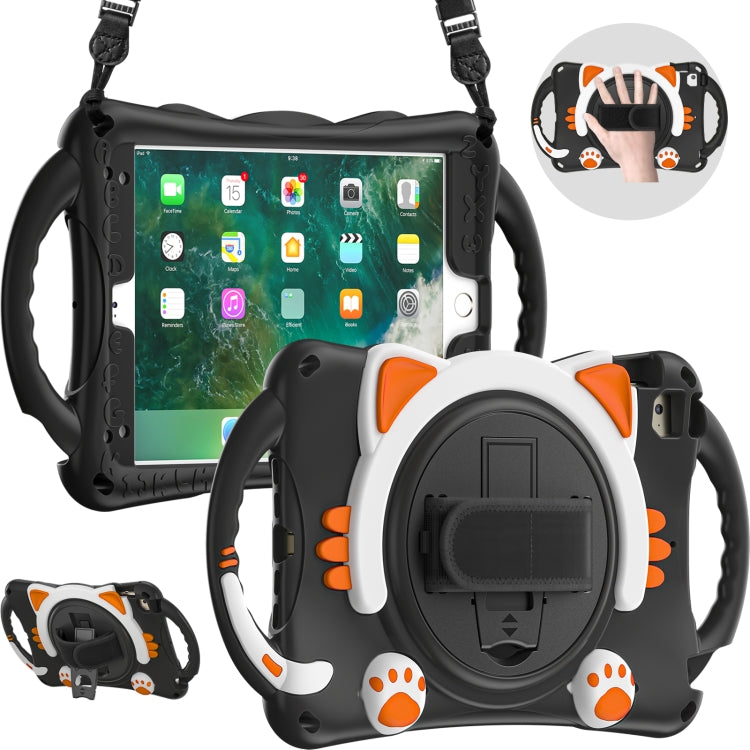 Cute Cat King Kids Shockproof Silicone Tablet Case with Holder & Shoulder Strap & Handle For iPad mini 5 / 4 / 3 / 2 /1(Black Orange) by bashfashion