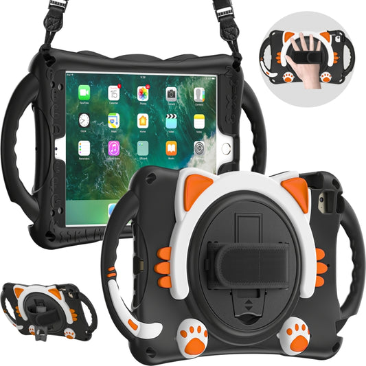 Cute Cat King Kids Shockproof Silicone Tablet Case with Holder & Shoulder Strap & Handle For iPad mini 5 / 4 / 3 / 2 /1(Black Orange) by bashfashion