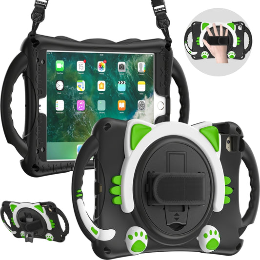 Cute Cat King Kids Shockproof Silicone Tablet Case with Holder & Shoulder Strap & Handle For iPad mini 5 / 4 / 3 / 2 /1(Black Green) by bashfashion
