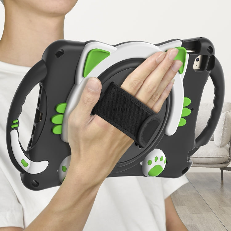 Cute Cat King Kids Shockproof Silicone Tablet Case with Holder & Shoulder Strap & Handle For iPad mini 5 / 4 / 3 / 2 /1(Black Green) by bashfashion