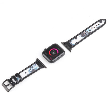 Ink Painting Leather Watch Band For Apple Watch Series 9&8&7 41mm / SE 3&SE 2&6&SE&5&4 40mm / 3&2&1 38mm(Blue) by bashfashion