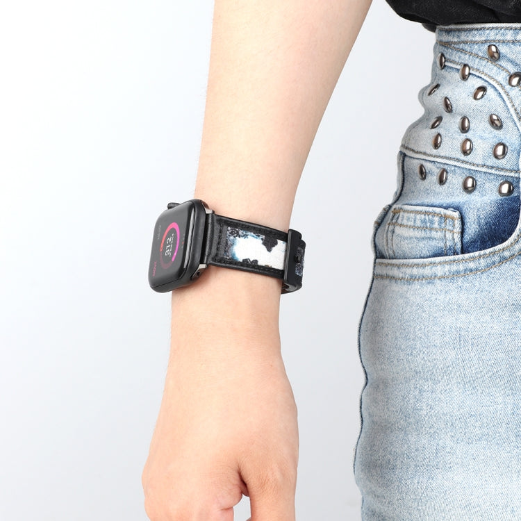 Ink Painting Leather Watch Band For Apple Watch Series 9&8&7 41mm / SE 3&SE 2&6&SE&5&4 40mm / 3&2&1 38mm(Blue) by bashfashion