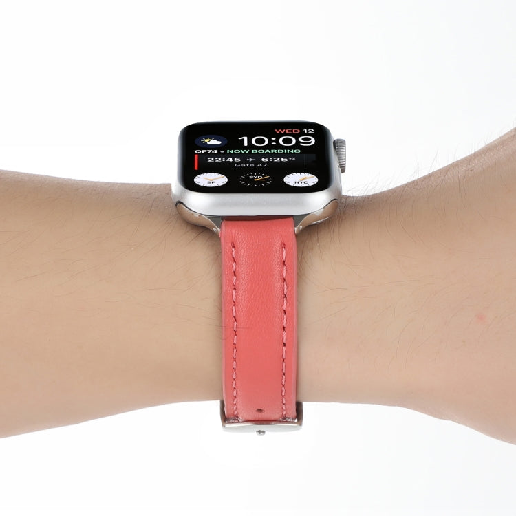 14mm Slim Genuine Leather Watch Band Watch Band For Apple Watch Series 9&8&7 41mm / SE 3&SE 2&6&SE&5&4 40mm / 3&2&1 38mm(Rose Red) by bashfashion