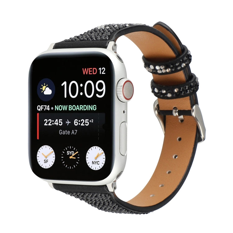 T-shaped Small Waist Flashing Diamond Genuine Leather Watch Band Watch Band For Apple Watch Ultra 49mm&Watch Ultra 2 49mm / Series 9&8&7 45mm / SE 3&SE 2&6&SE&5&4 44mm / 3&2&1 42mm(Black) by bashfashion