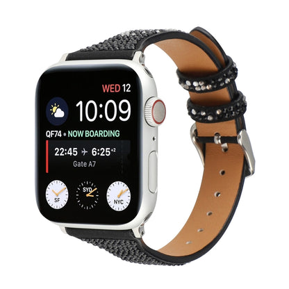 T-shaped Small Waist Flashing Diamond Genuine Leather Watch Band Watch Band For Apple Watch Ultra 49mm&Watch Ultra 2 49mm / Series 9&8&7 45mm / SE 3&SE 2&6&SE&5&4 44mm / 3&2&1 42mm(Black) by bashfashion