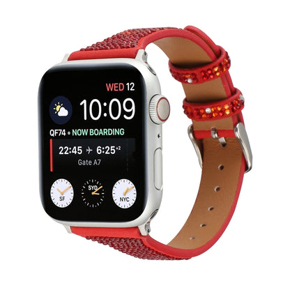 T-shaped Small Waist Flashing Diamond Genuine Leather Watch Band Watch Band For Apple Watch Series 9&8&7 41mm / SE 3&SE 2&6&SE&5&4 40mm / 3&2&1 38mm(Red) by bashfashion