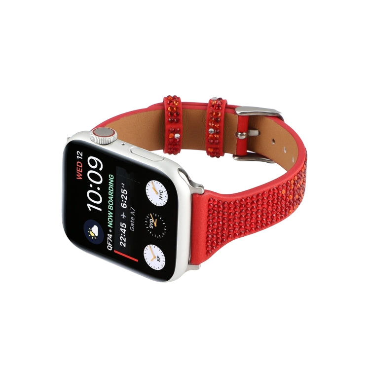 T-shaped Small Waist Flashing Diamond Genuine Leather Watch Band Watch Band For Apple Watch Series 9&8&7 41mm / SE 3&SE 2&6&SE&5&4 40mm / 3&2&1 38mm(Red) by bashfashion