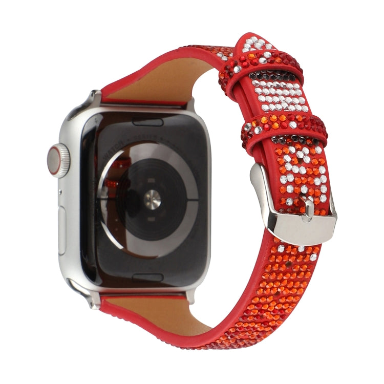 T-shaped Small Waist Flashing Diamond Genuine Leather Watch Band Watch Band For Apple Watch Series 9&8&7 41mm / SE 3&SE 2&6&SE&5&4 40mm / 3&2&1 38mm(Red) by bashfashion