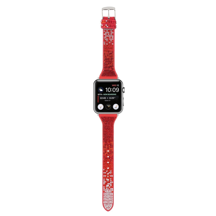 T-shaped Small Waist Flashing Diamond Genuine Leather Watch Band Watch Band For Apple Watch Series 9&8&7 41mm / SE 3&SE 2&6&SE&5&4 40mm / 3&2&1 38mm(Red) by bashfashion