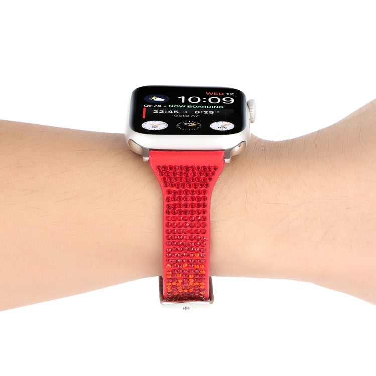 T-shaped Small Waist Flashing Diamond Genuine Leather Watch Band Watch Band For Apple Watch Series 9&8&7 41mm / SE 3&SE 2&6&SE&5&4 40mm / 3&2&1 38mm(Red) by bashfashion