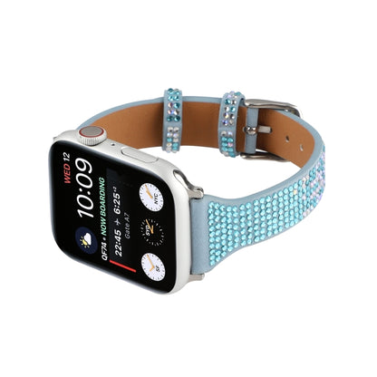 T-shaped Small Waist Flashing Diamond Genuine Leather Watch Band Watch Band For Apple Watch Series 9&8&7 41mm / SE 3&SE 2&6&SE&5&4 40mm / 3&2&1 38mm(Blue) by bashfashion