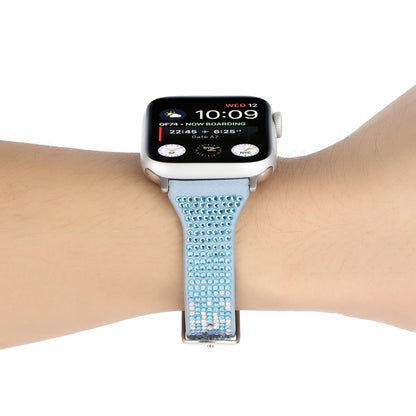 T-shaped Small Waist Flashing Diamond Genuine Leather Watch Band Watch Band For Apple Watch Series 9&8&7 41mm / SE 3&SE 2&6&SE&5&4 40mm / 3&2&1 38mm(Blue) by bashfashion