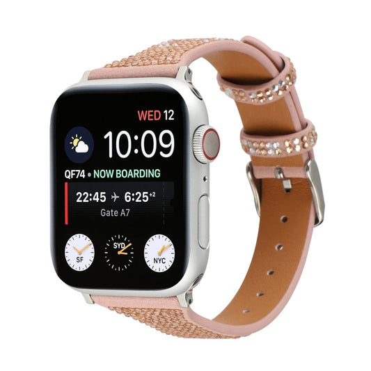 T-shaped Small Waist Flashing Diamond Genuine Leather Watch Band Watch Band For Apple Watch Series 9&8&7 41mm / SE 3&SE 2&6&SE&5&4 40mm / 3&2&1 38mm(Rose Gold) by bashfashion