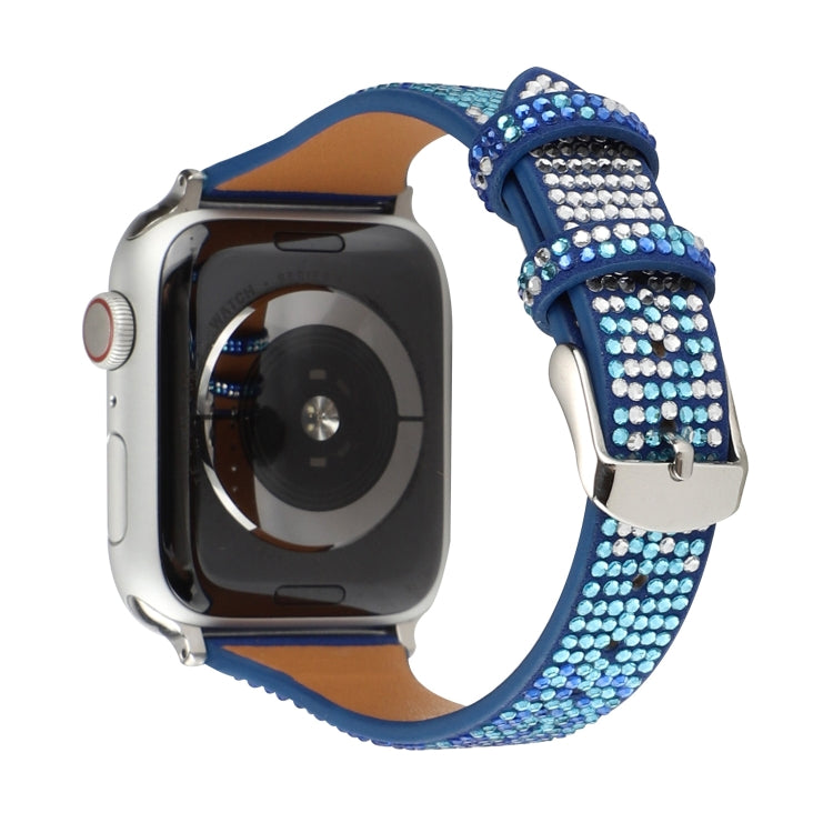 T-shaped Small Waist Flashing Diamond Genuine Leather Watch Band Watch Band For Apple Watch Series 9&8&7 41mm / SE 3&SE 2&6&SE&5&4 40mm / 3&2&1 38mm(Dark Blue) by bashfashion
