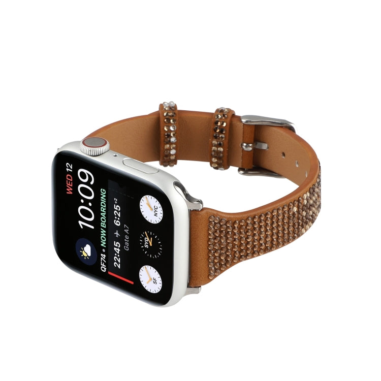 T-shaped Small Waist Flashing Diamond Genuine Leather Watch Band Watch Band For Apple Watch Series 9&8&7 41mm / SE 3&SE 2&6&SE&5&4 40mm / 3&2&1 38mm(Brown) by bashfashion