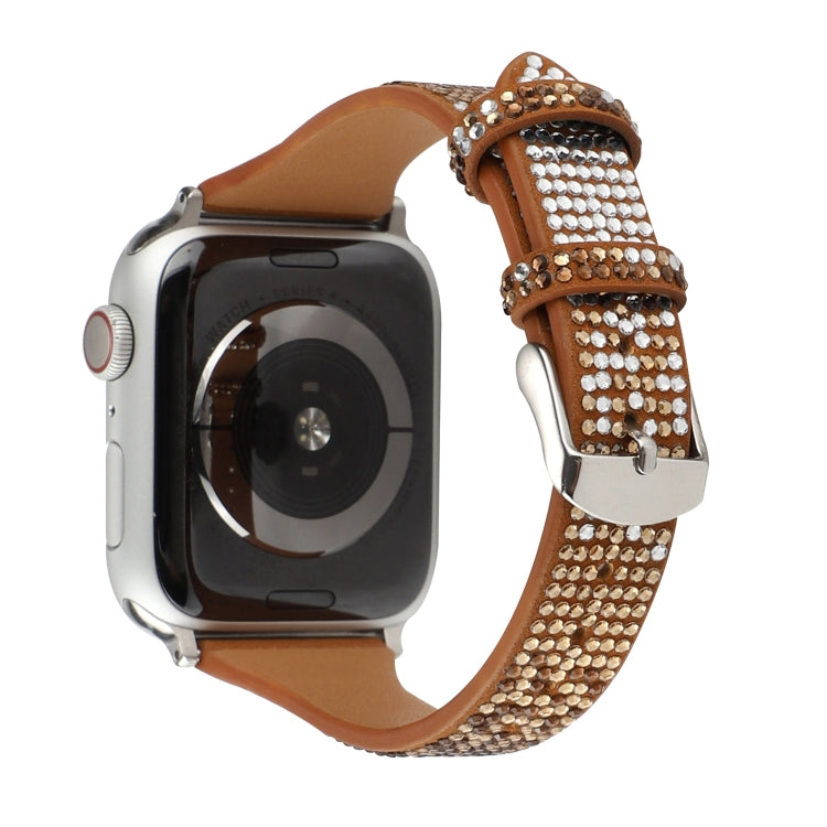 T-shaped Small Waist Flashing Diamond Genuine Leather Watch Band Watch Band For Apple Watch Series 9&8&7 41mm / SE 3&SE 2&6&SE&5&4 40mm / 3&2&1 38mm(Brown) by bashfashion