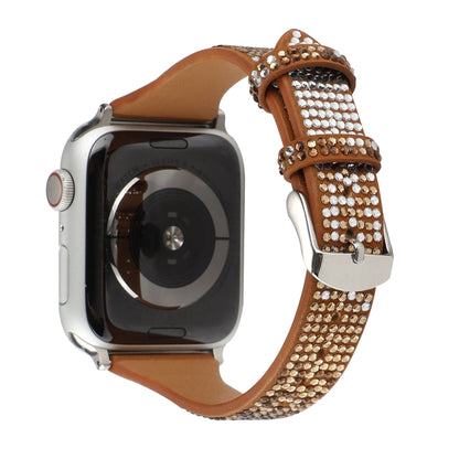 T-shaped Small Waist Flashing Diamond Genuine Leather Watch Band Watch Band For Apple Watch Series 9&8&7 41mm / SE 3&SE 2&6&SE&5&4 40mm / 3&2&1 38mm(Brown) by bashfashion