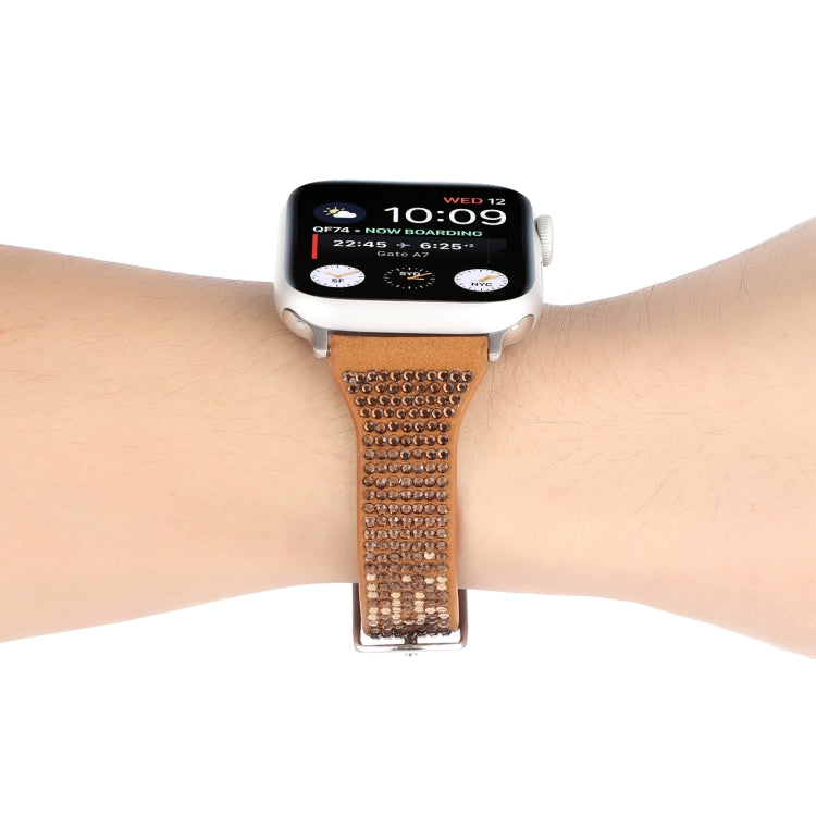 T-shaped Small Waist Flashing Diamond Genuine Leather Watch Band Watch Band For Apple Watch Series 9&8&7 41mm / SE 3&SE 2&6&SE&5&4 40mm / 3&2&1 38mm(Brown) by bashfashion