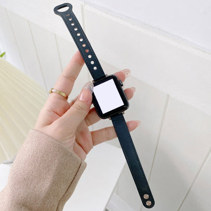 Double Studs Buckle Genuine Leather Watch Band Watch Band For Apple Watch Ultra 49mm&Watch Ultra 2 49mm / Series 9&8&7 45mm / SE 3&SE 2&6&SE&5&4 44mm / 3&2&1 42mm(Dark Blue) by bashfashion
