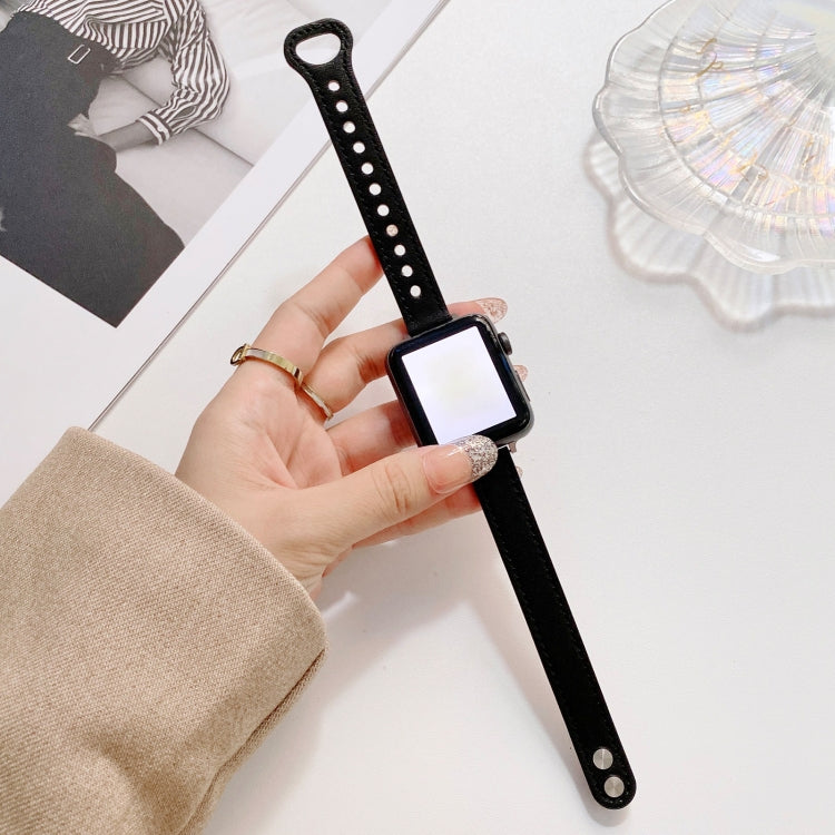 Double Studs Buckle Genuine Leather Watch Band Watch Band For Apple Watch Series 9&8&7 41mm / SE 3&SE 2&6&SE&5&4 40mm / 3&2&1 38mm(Black) by bashfashion