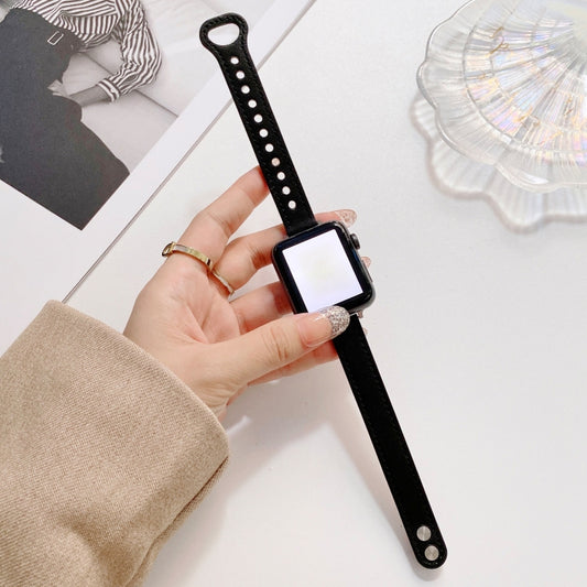 Double Studs Buckle Genuine Leather Watch Band Watch Band For Apple Watch Series 9&8&7 41mm / SE 3&SE 2&6&SE&5&4 40mm / 3&2&1 38mm(Black) by bashfashion