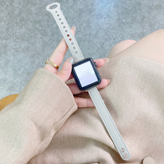 Double Studs Buckle Genuine Leather Watch Band Watch Band For Apple Watch Series 9&8&7 41mm / SE 3&SE 2&6&SE&5&4 40mm / 3&2&1 38mm(White) by bashfashion