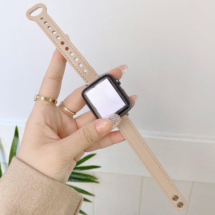 Double Studs Buckle Genuine Leather Watch Band Watch Band For Apple Watch Series 9&8&7 41mm / SE 3&SE 2&6&SE&5&4 40mm / 3&2&1 38mm(Cream) by bashfashion